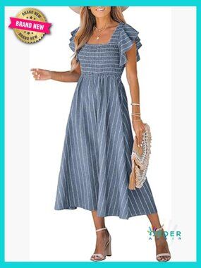 Square Neck Smocked Maxi Dress Ruffled Cap Sleeves A-Line Formal Maternity